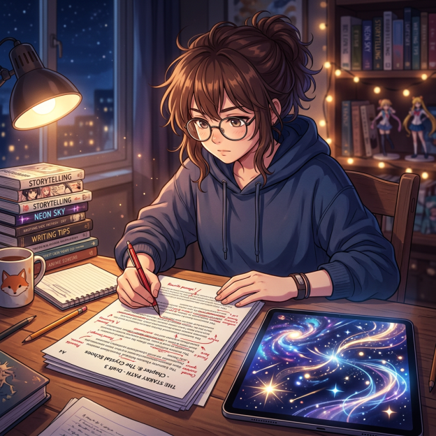 Young woman with glasses studying papers at desk with books, tablet, and lamp at night