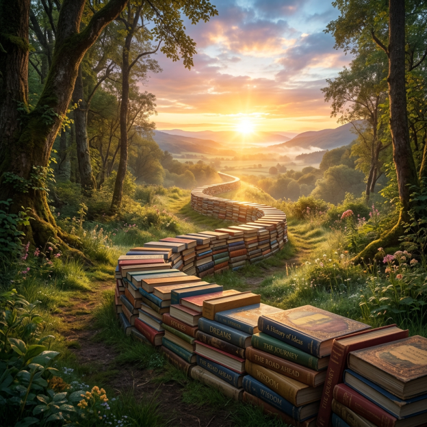 A winding path constructed from stacked books running through a lush forest landscape at sunrise.